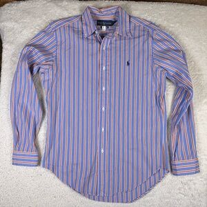 Ralph Lauren Blue Striped Button Down Shirt Orange White Classic Mens Size Small